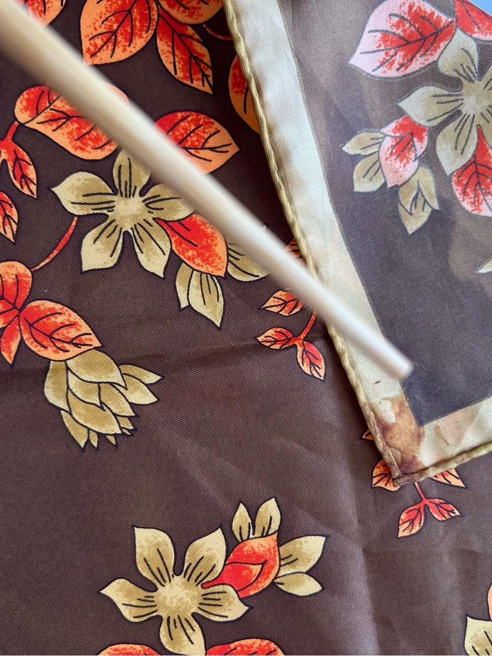 Vintage Vera Neumann Square Scarf in Brown with Orange & Gold Leaves 26” Square